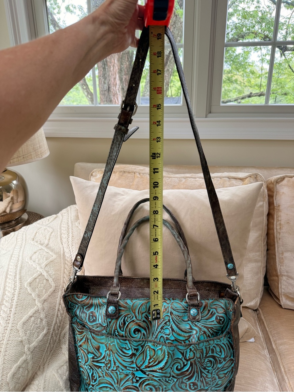 Patricia Nash Large Tooled Leather Turquoise Floral Tote Bag. - Picture 3 of 13